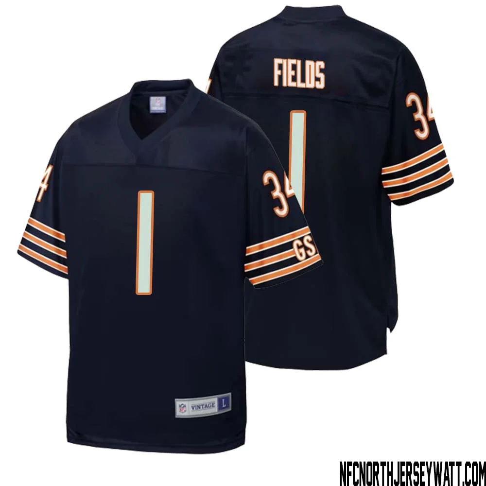 Justin Fields No 1 Men NFL Pro Line Navy Chicago Bears Retired Player Replica Jersey