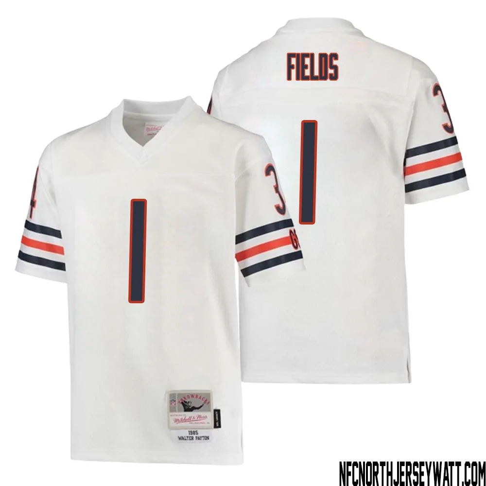 Justin Fields No 1 Youth Mitchell Ness White Chicago Bears 1985 Retired Player Legacy Jersey 1