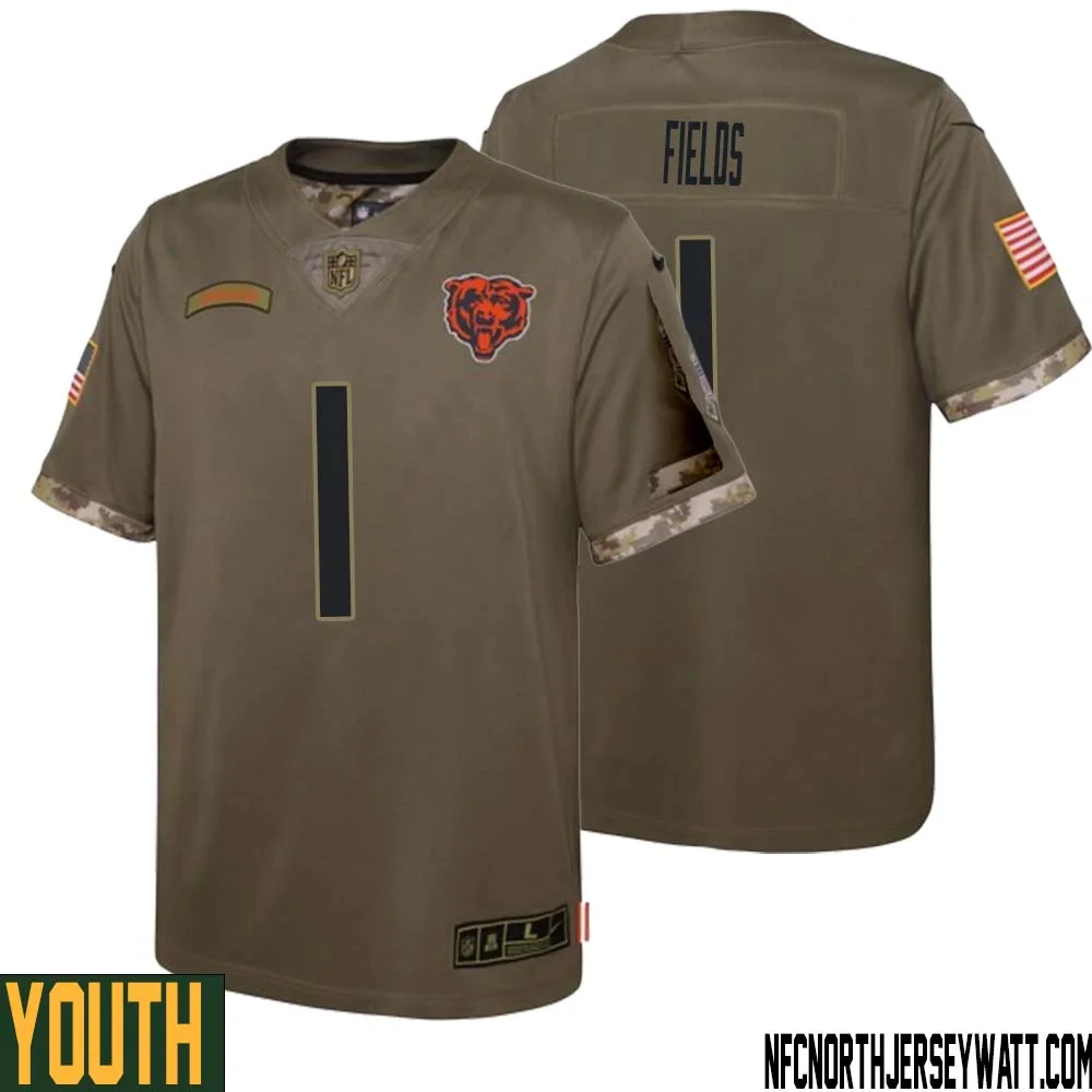 Justin Fields No 1 Youth Olive Chicago Bears 2022 Salute To Service Retired Player Limited Jersey 1