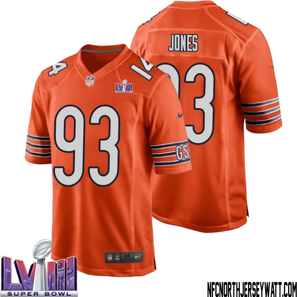 Justin Jones No 93 Chicago Bears Super Bowl LVIII Alternate Game Jersey Orange for Men 1
