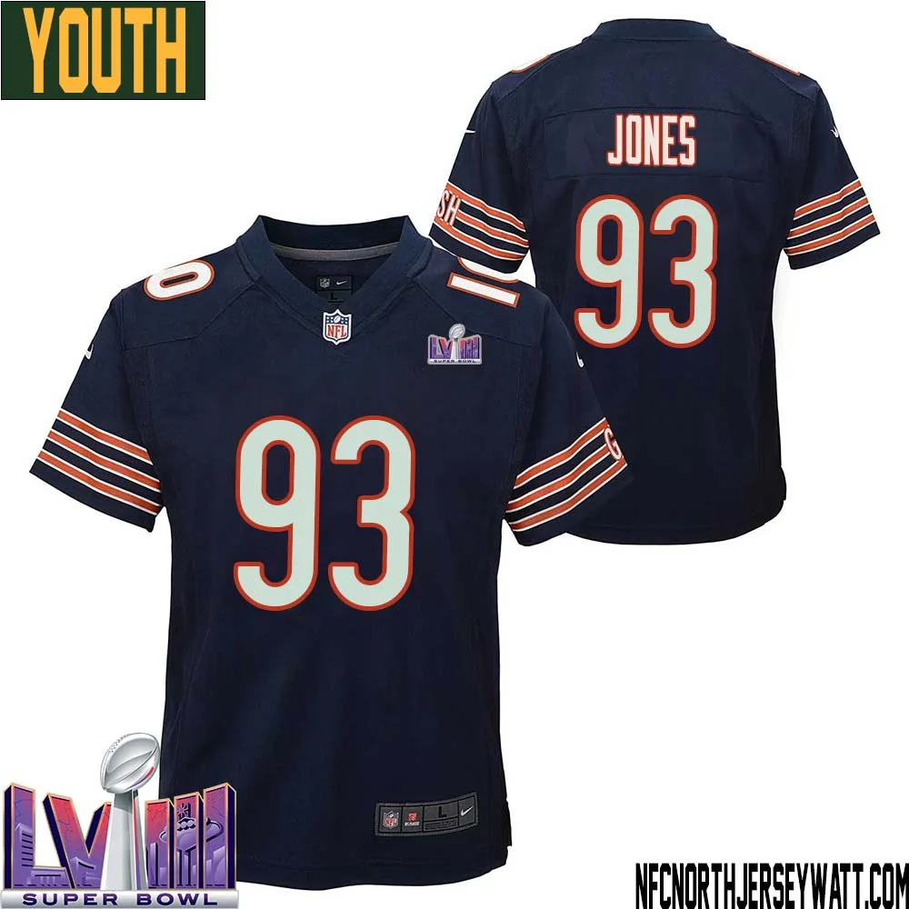 Justin Jones No 93 Chicago Bears Super Bowl LVIII Home Game Jersey Navy for Youth