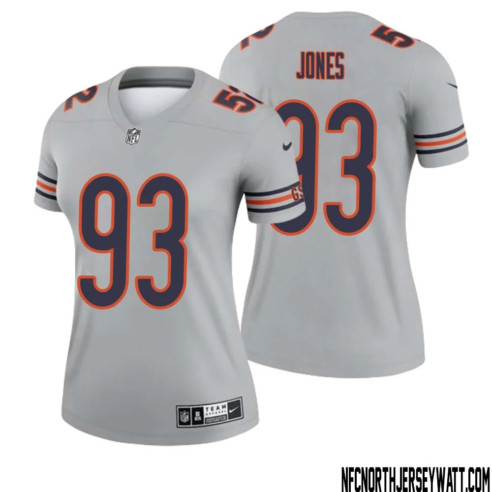 Justin Jones No 93 Women Silver Chicago Bears Inverted Legend Jersey