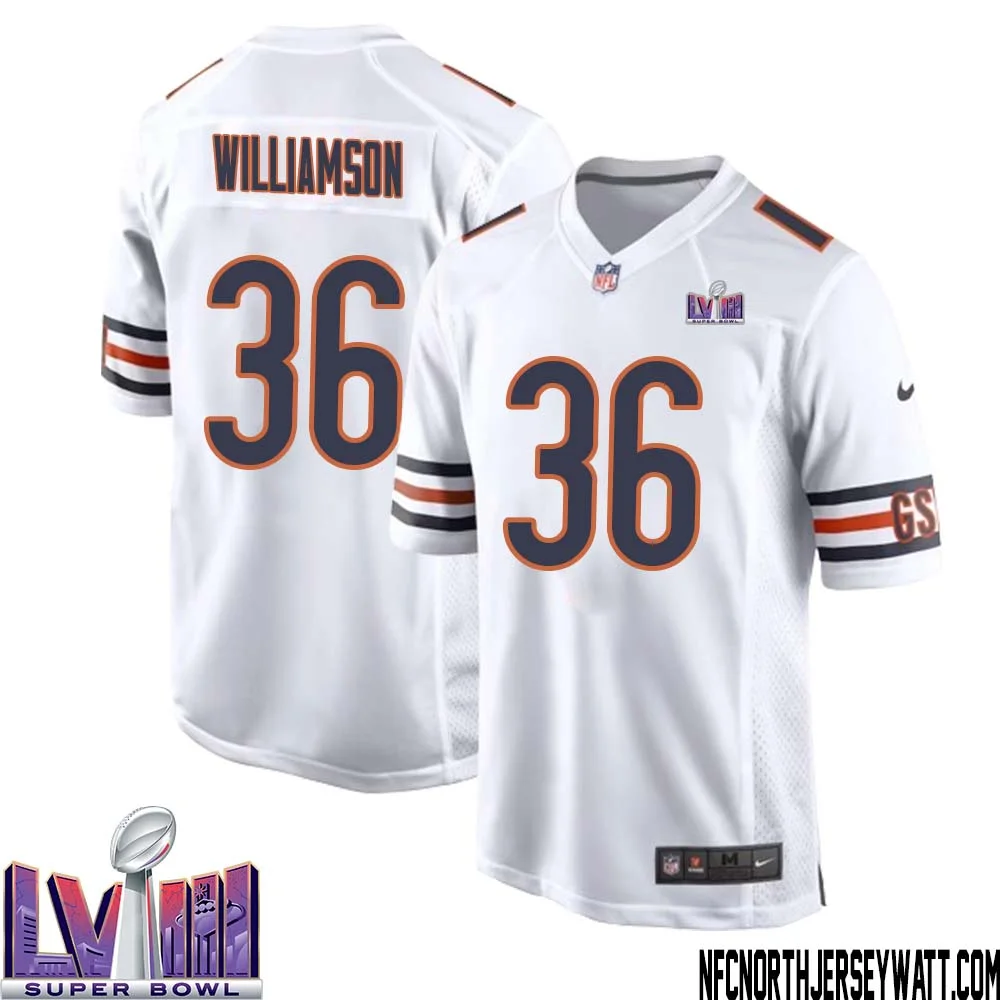 Kendall Williamson No 36 Chicago Bears Super Bowl LVIII Away Game Jersey White for Men