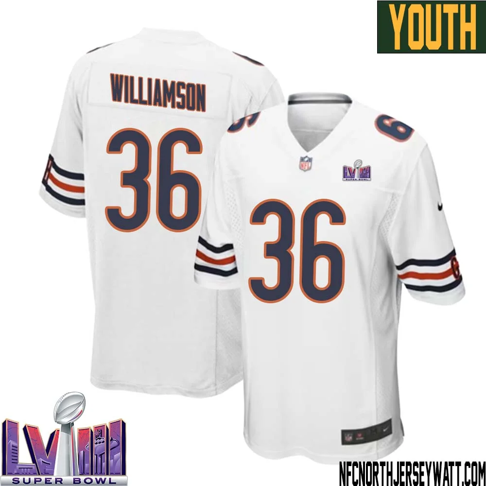 Kendall Williamson No 36 Chicago Bears Super Bowl LVIII Away Game Jersey White for Youth 1