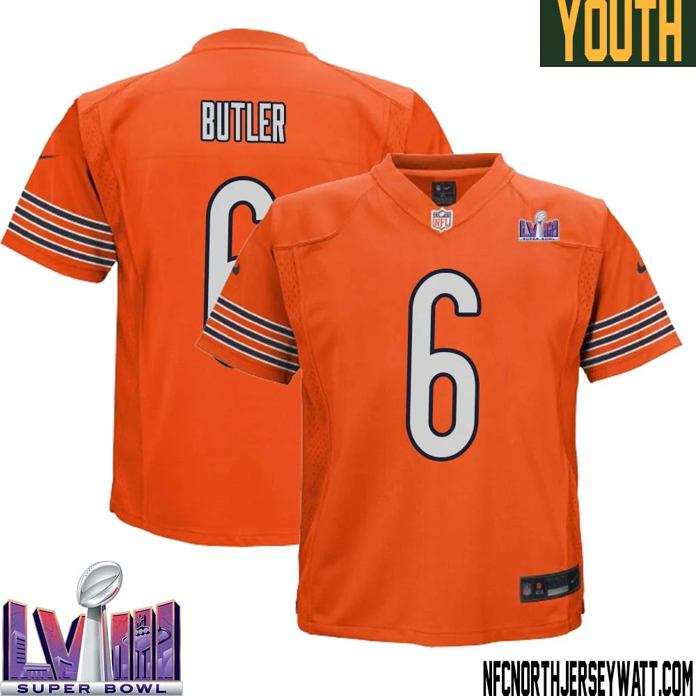 Kevin Butler No 6 Chicago Bears Super Bowl LVIII Alternate Game Jersey Orange for Youth 1