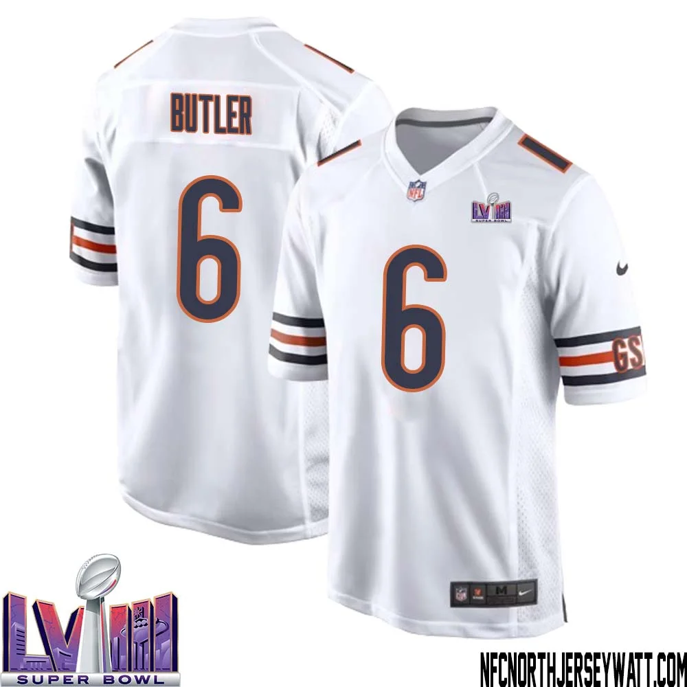 Kevin Butler No 6 Chicago Bears Super Bowl LVIII Away Game Jersey White for Men 1