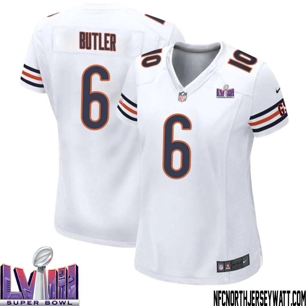 Kevin Butler No 6 Chicago Bears Super Bowl LVIII Away Game Jersey White for Women