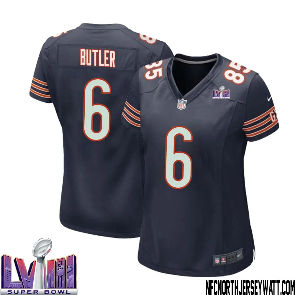 Kevin Butler No 6 Chicago Bears Super Bowl LVIII Home Game Jersey Navy for Women 1