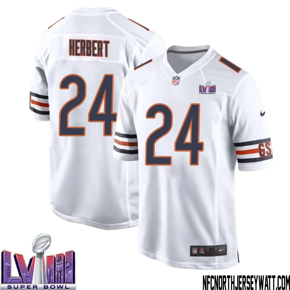 Khalil Herbert No 24 Chicago Bears Super Bowl LVIII Away Game Jersey White for Men 1