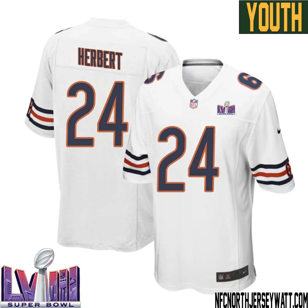 Khalil Herbert No 24 Chicago Bears Super Bowl LVIII Away Game Jersey White for Youth