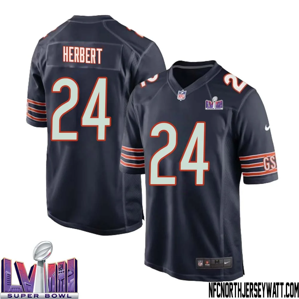 Khalil Herbert No 24 Chicago Bears Super Bowl LVIII Home Game Jersey Navy for Men
