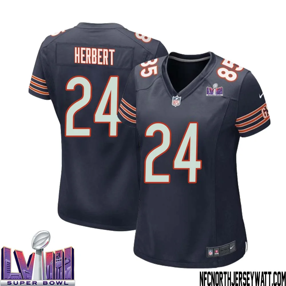 Khalil Herbert No 24 Chicago Bears Super Bowl LVIII Home Game Jersey Navy for Women 1