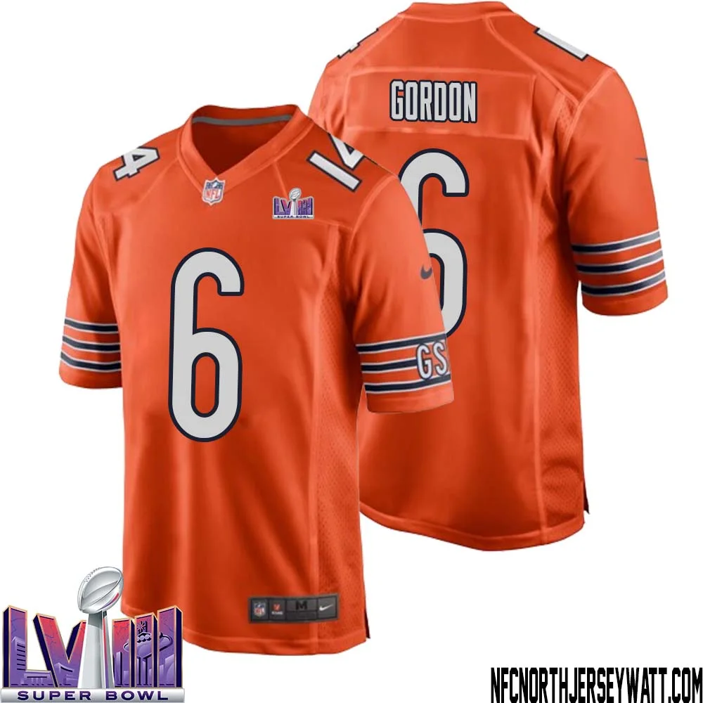Kyler Gordon No 6 Chicago Bears Super Bowl LVIII Alternate Game Jersey Orange for Men 1