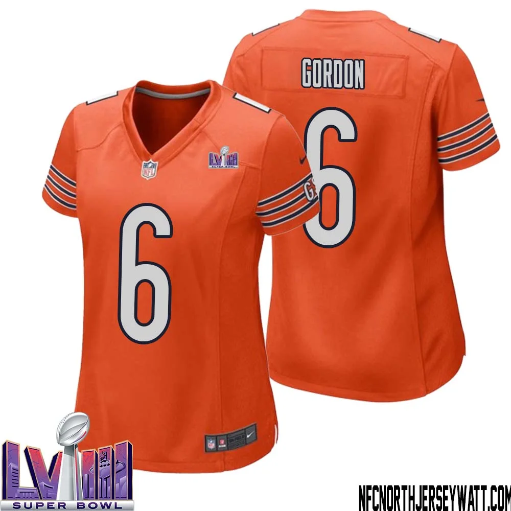 Kyler Gordon No 6 Chicago Bears Super Bowl LVIII Alternate Game Jersey Orange for Women 1