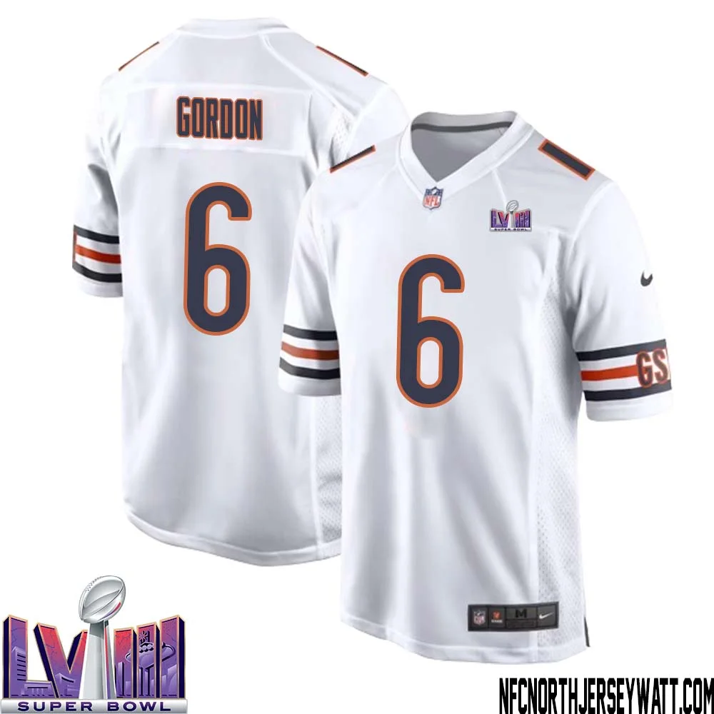Kyler Gordon No 6 Chicago Bears Super Bowl LVIII Away Game Jersey White for Men 1