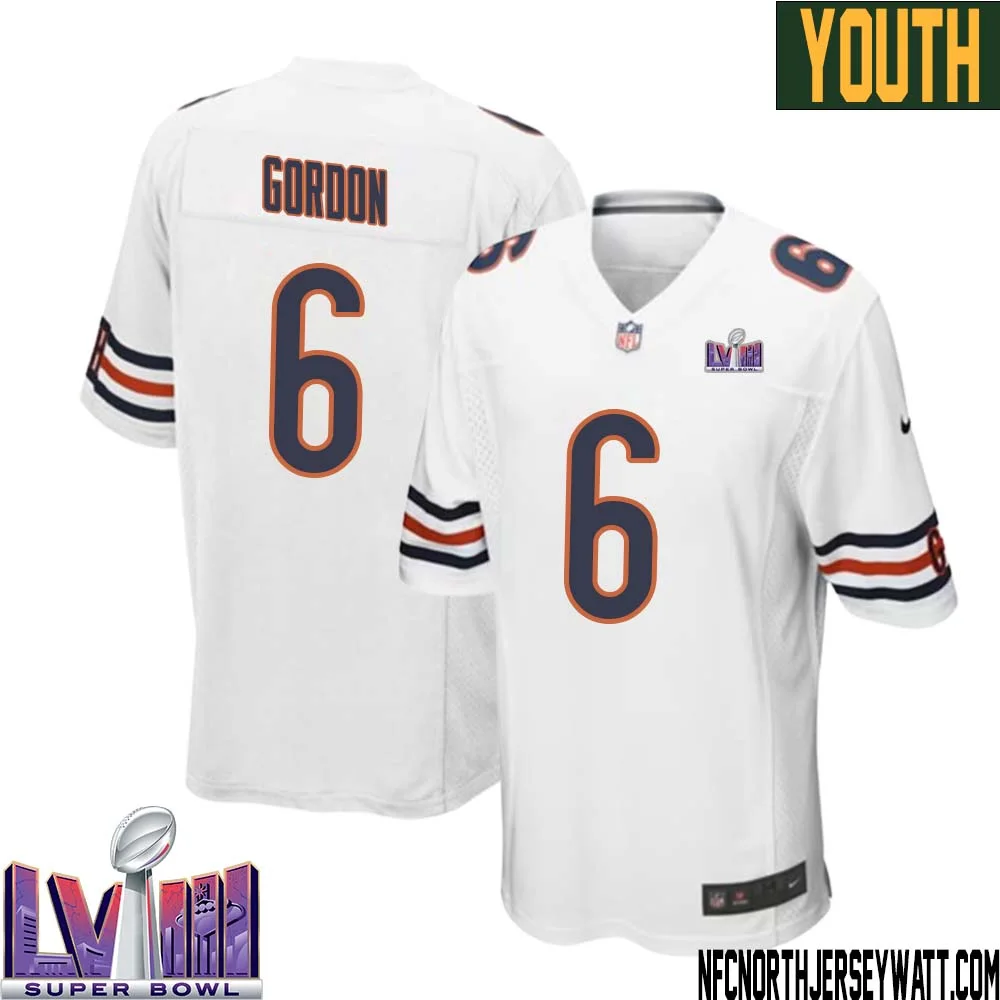 Kyler Gordon No 6 Chicago Bears Super Bowl LVIII Away Game Jersey White for Youth
