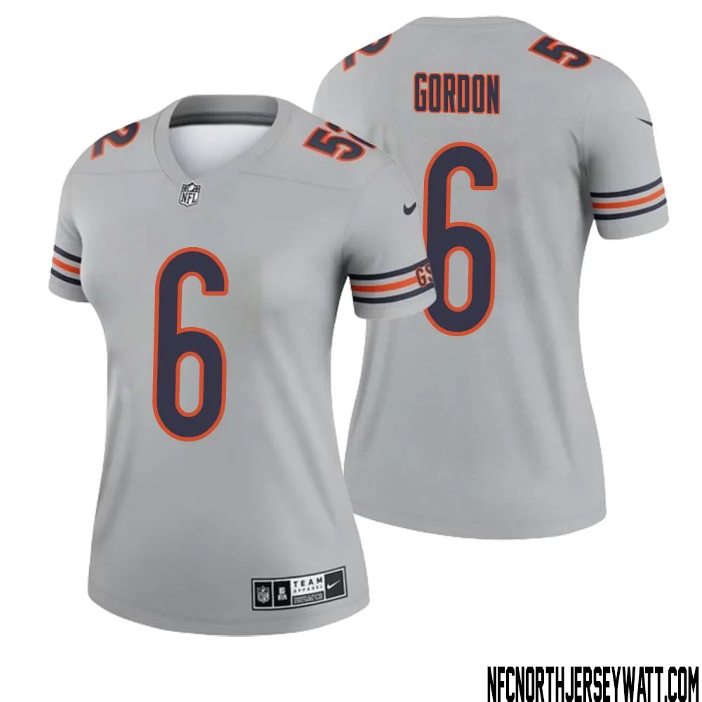 Kyler Gordon No 6 Women Silver Chicago Bears Inverted Legend Jersey