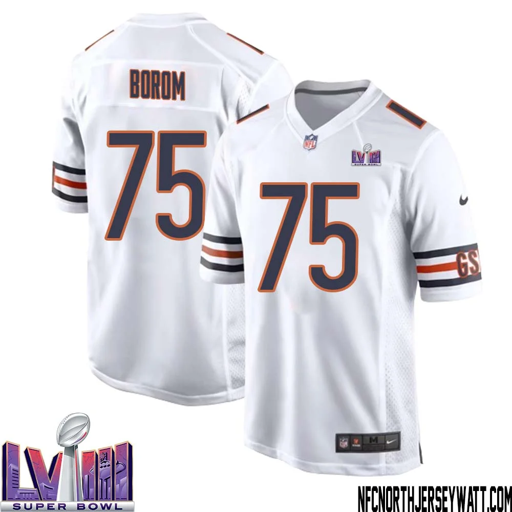 Larry Borom No 75 Chicago Bears Super Bowl LVIII Away Game Jersey White for Men 1