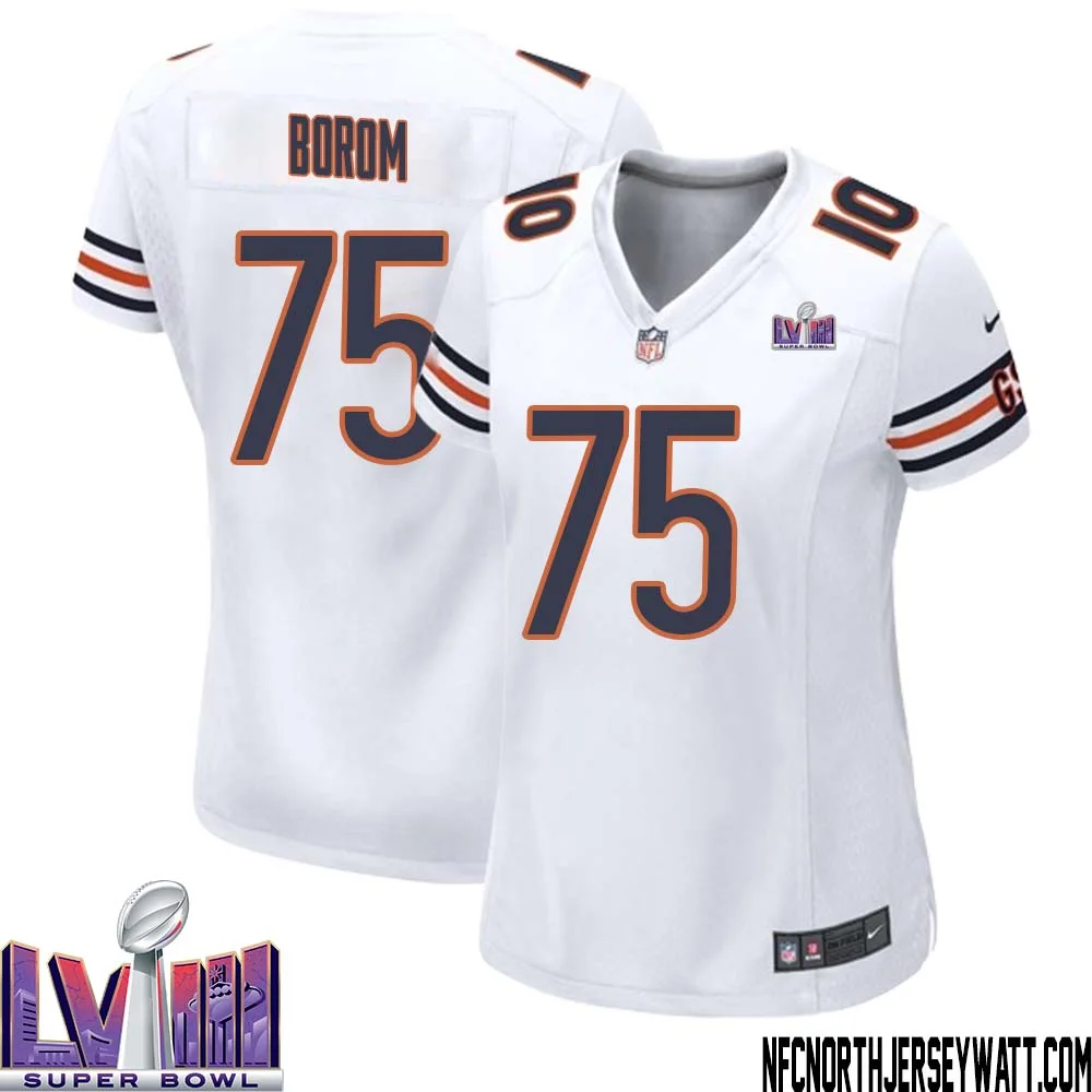 Larry Borom No 75 Chicago Bears Super Bowl LVIII Away Game Jersey White for Women 1