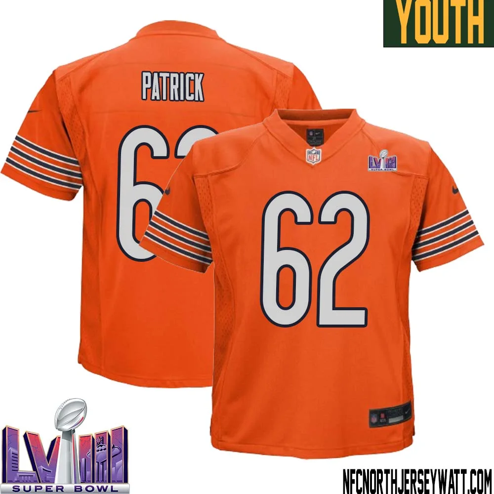 Lucas Patrick No 62 Chicago Bears Super Bowl LVIII Alternate Game Jersey Orange for Youth