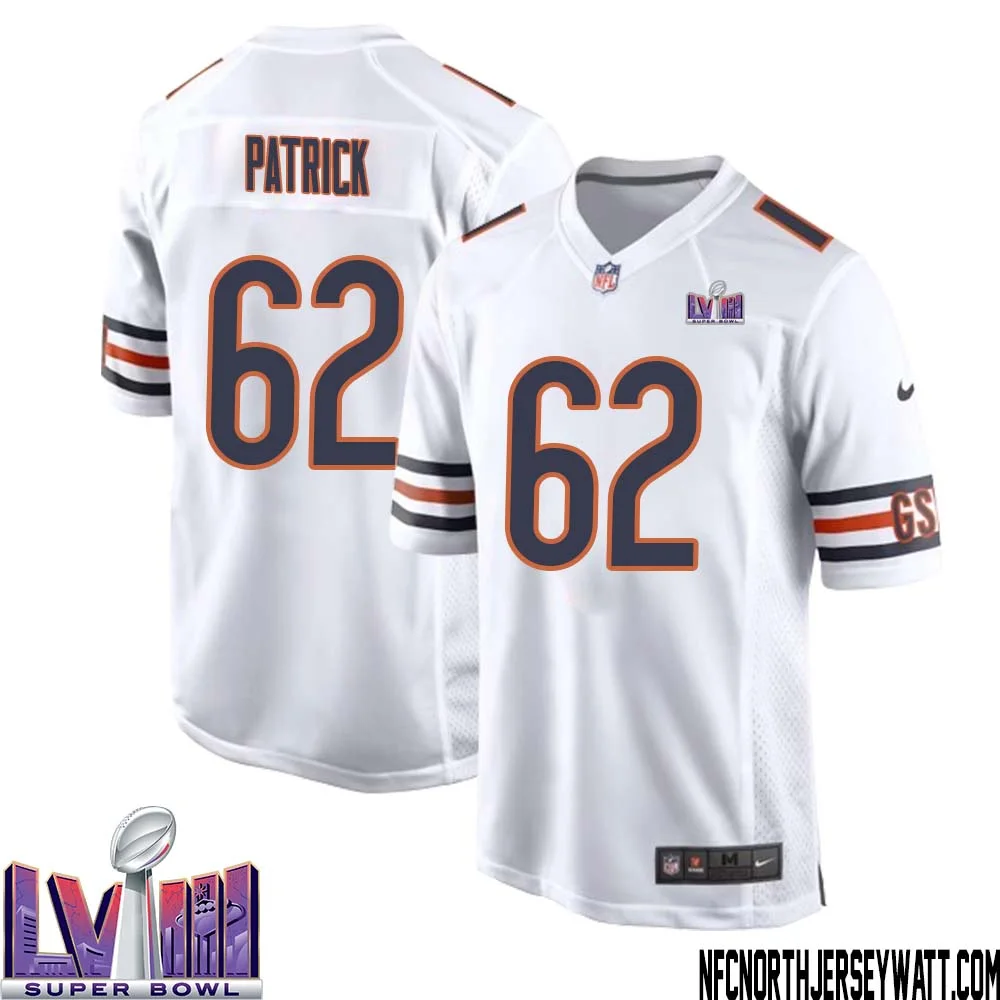 Lucas Patrick No 62 Chicago Bears Super Bowl LVIII Away Game Jersey White for Men 1