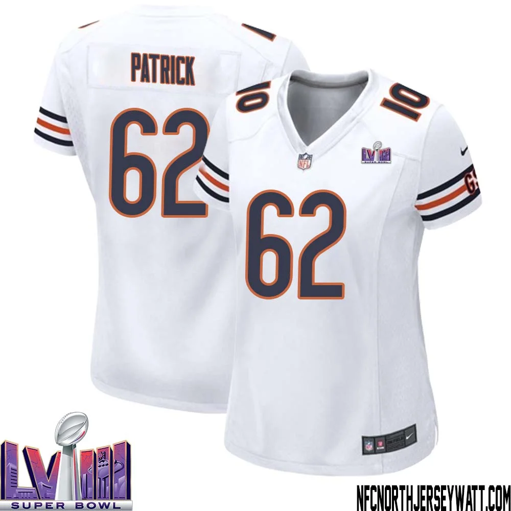 Lucas Patrick No 62 Chicago Bears Super Bowl LVIII Away Game Jersey White for Women 1