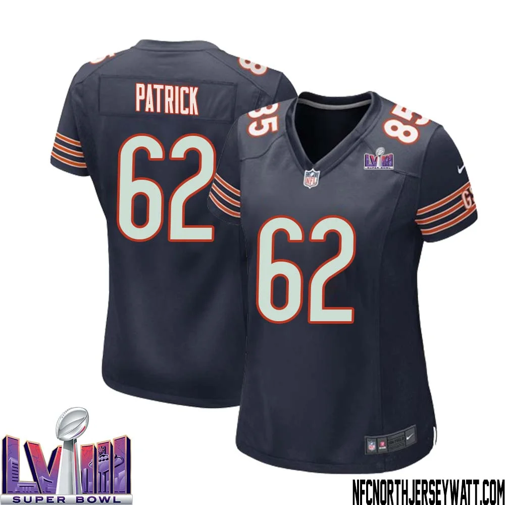 Lucas Patrick No 62 Chicago Bears Super Bowl LVIII Home Game Jersey Navy for Women 1