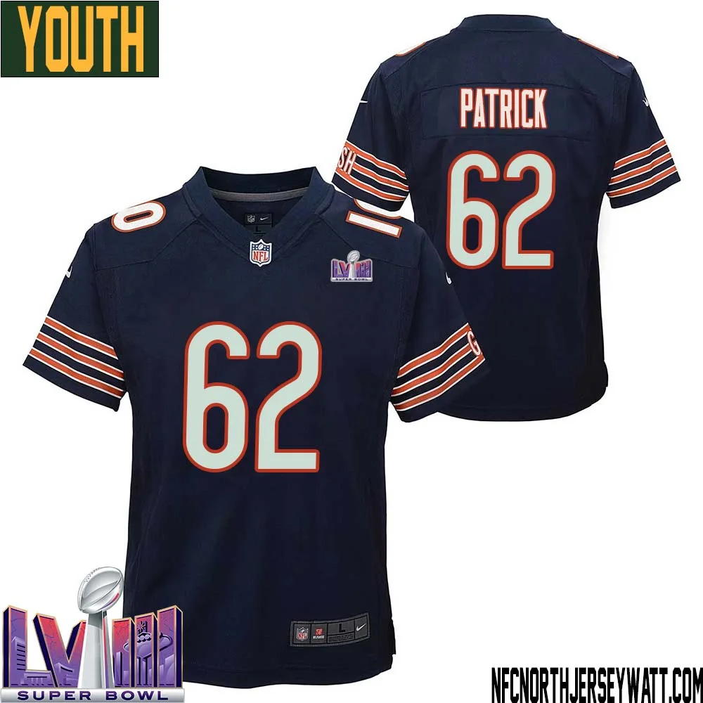 Lucas Patrick No 62 Chicago Bears Super Bowl LVIII Home Game Jersey Navy for Youth 1