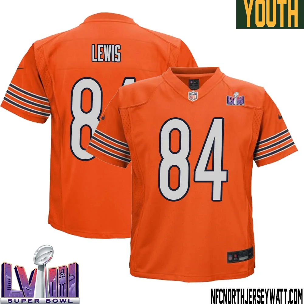 Marcedes Lewis No 84 Chicago Bears Super Bowl LVIII Alternate Game Jersey Orange for Youth 1