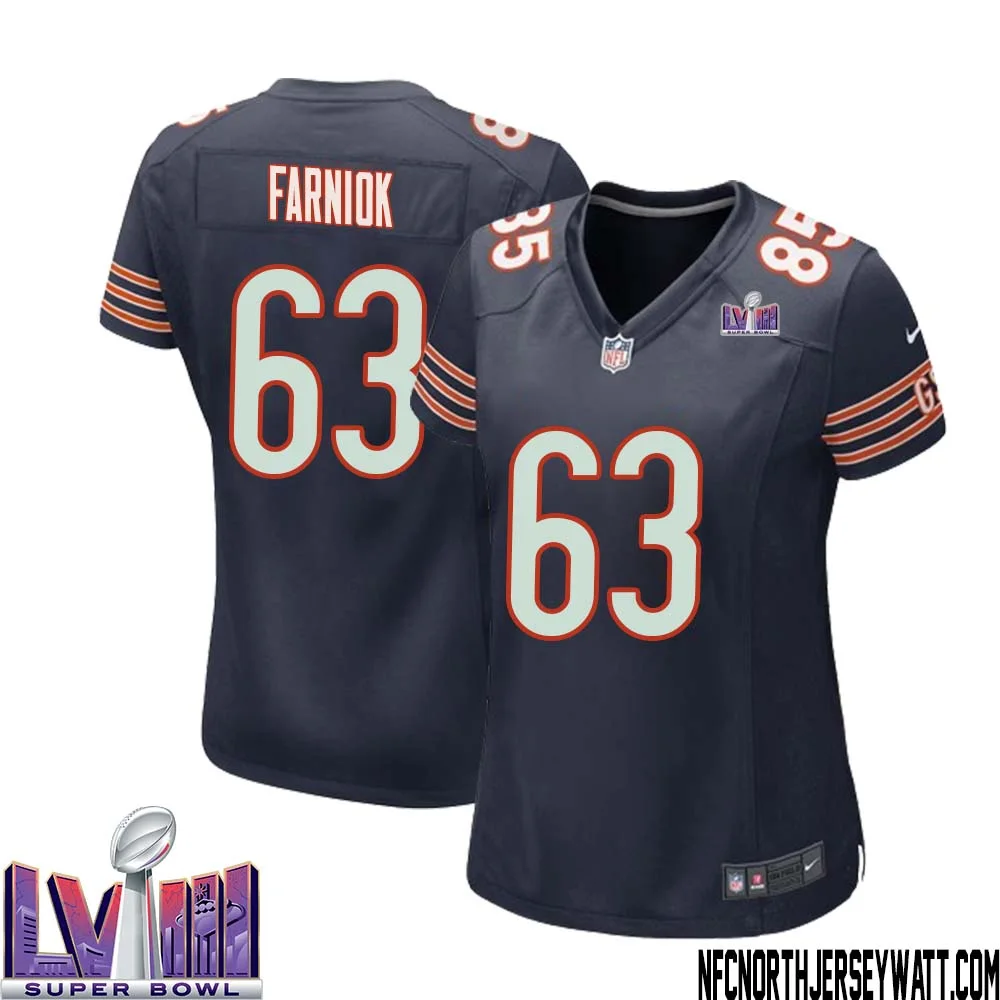Matt Farniok No 63 Chicago Bears Super Bowl LVIII Home Game Jersey Navy for Women