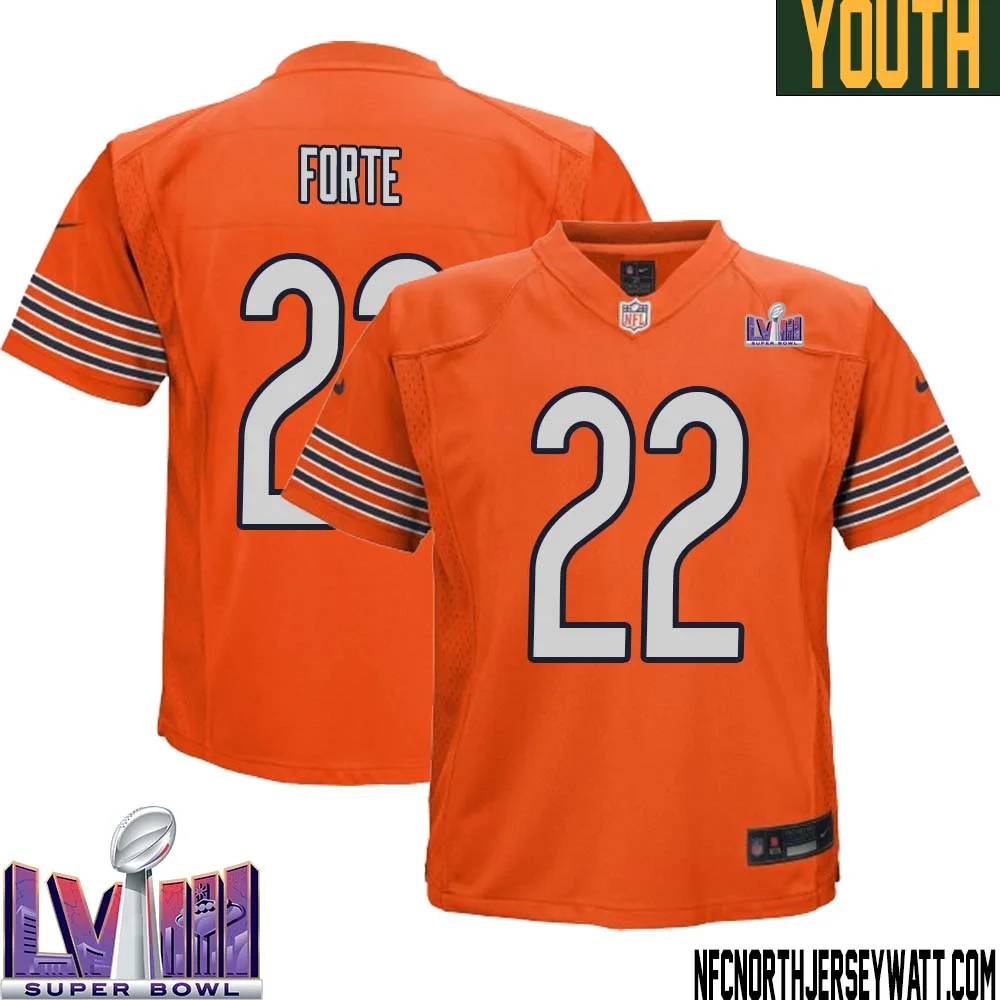 Matt Forte No 22 Chicago Bears Super Bowl LVIII Alternate Game Jersey Orange for Youth 1