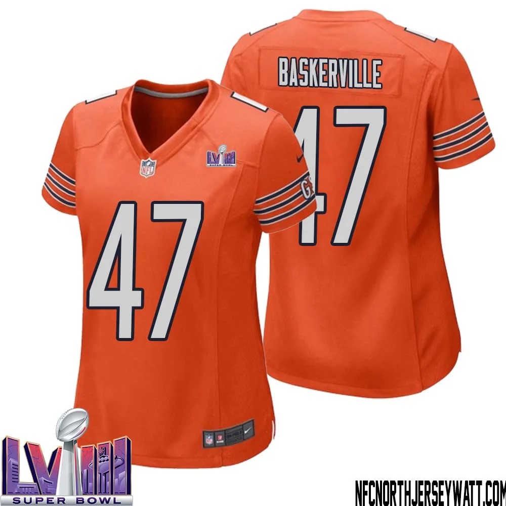 Micah Baskerville No 47 Chicago Bears Super Bowl LVIII Alternate Game Jersey Orange for Women