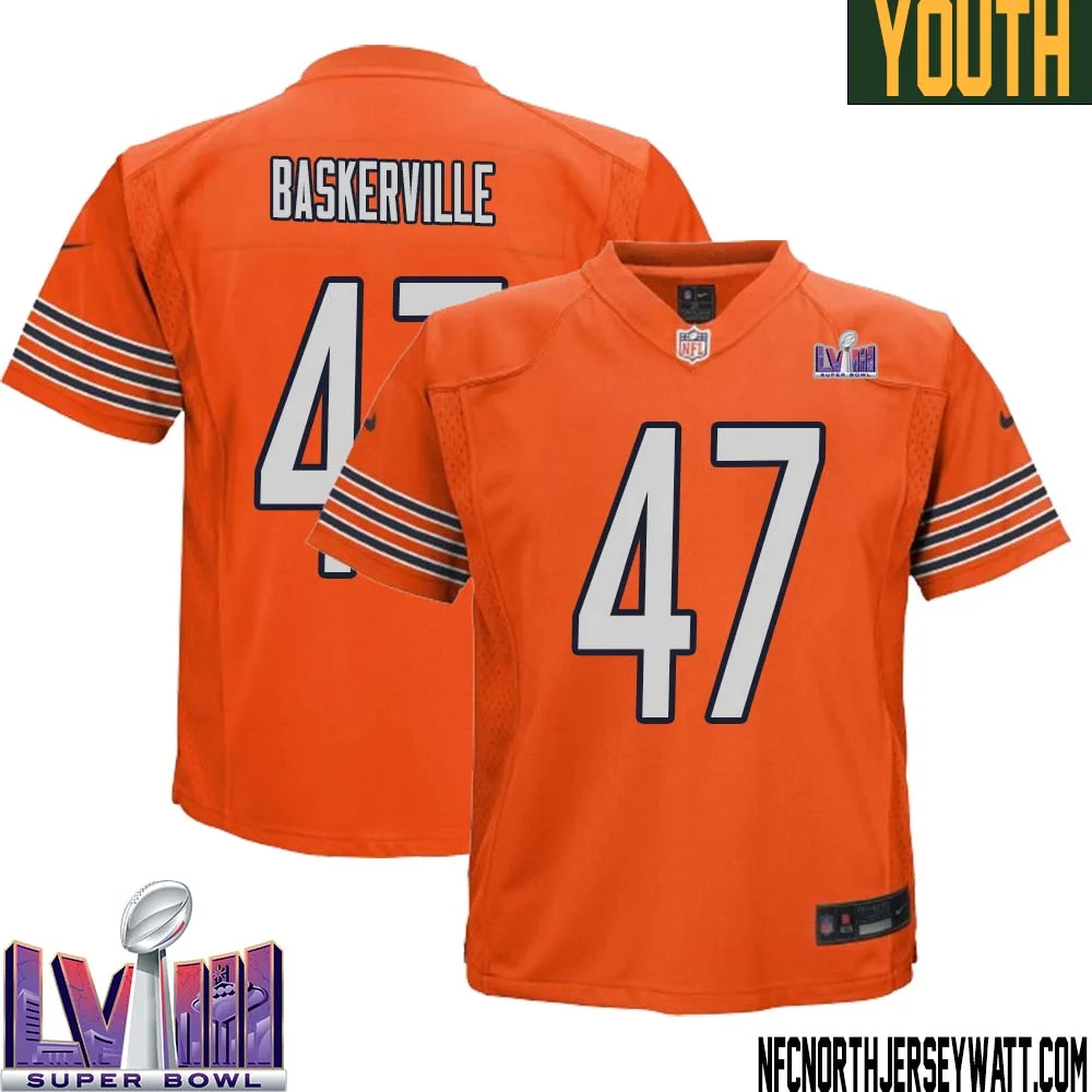 Micah Baskerville No 47 Chicago Bears Super Bowl LVIII Alternate Game Jersey Orange for Youth 1