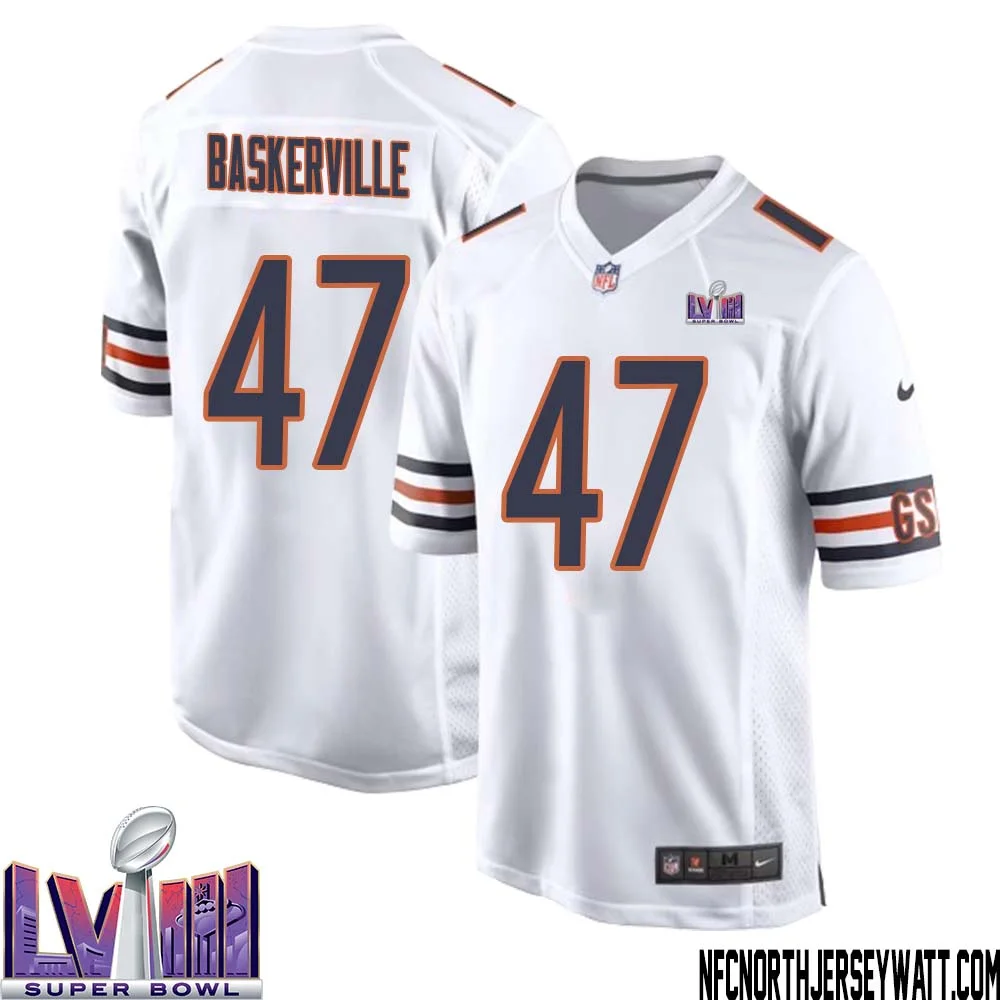 Micah Baskerville No 47 Chicago Bears Super Bowl LVIII Away Game Jersey White for Men
