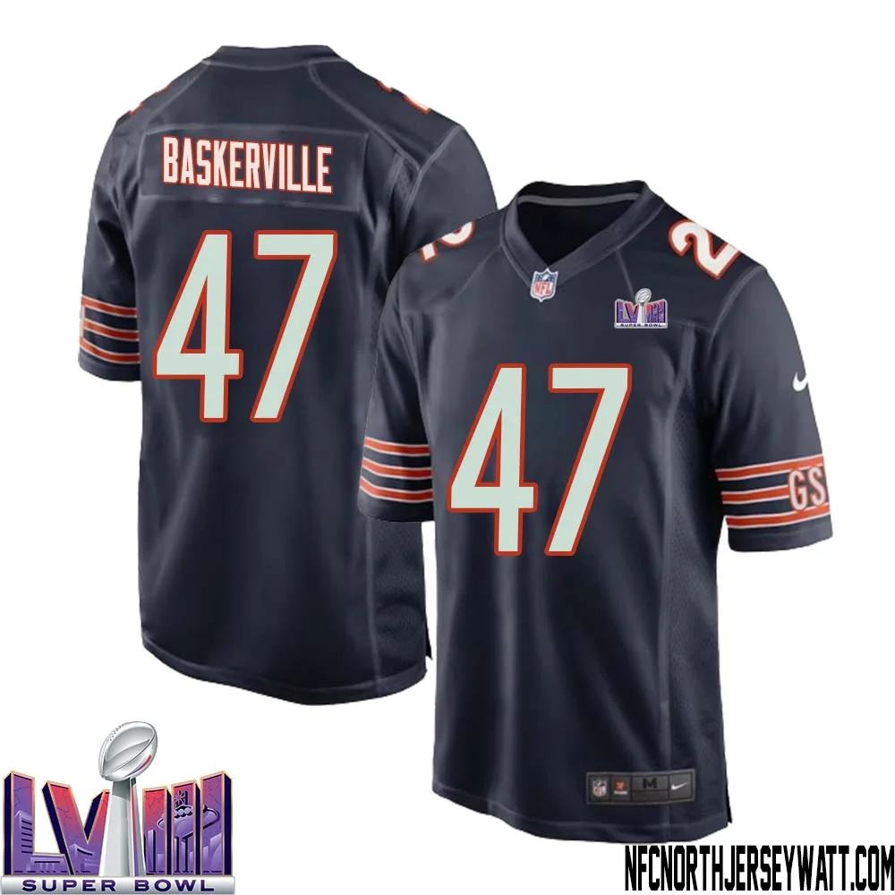 Micah Baskerville No 47 Chicago Bears Super Bowl LVIII Home Game Jersey Navy for Men