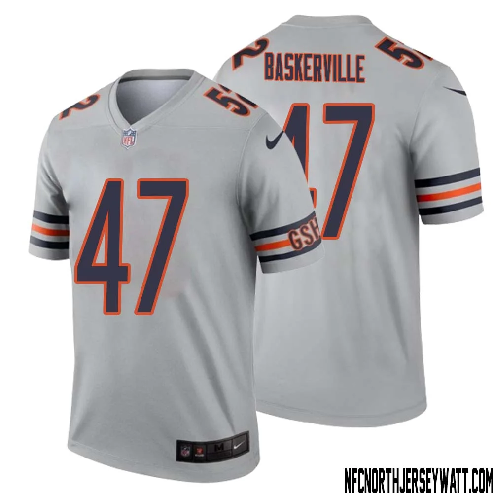 Micah Baskerville No 47 Men Silver Chicago Bears Inverted Legend Jersey