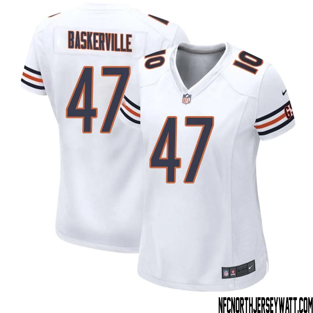 Micah Baskerville No 47 Women White Chicago Bears Away Game Jersey