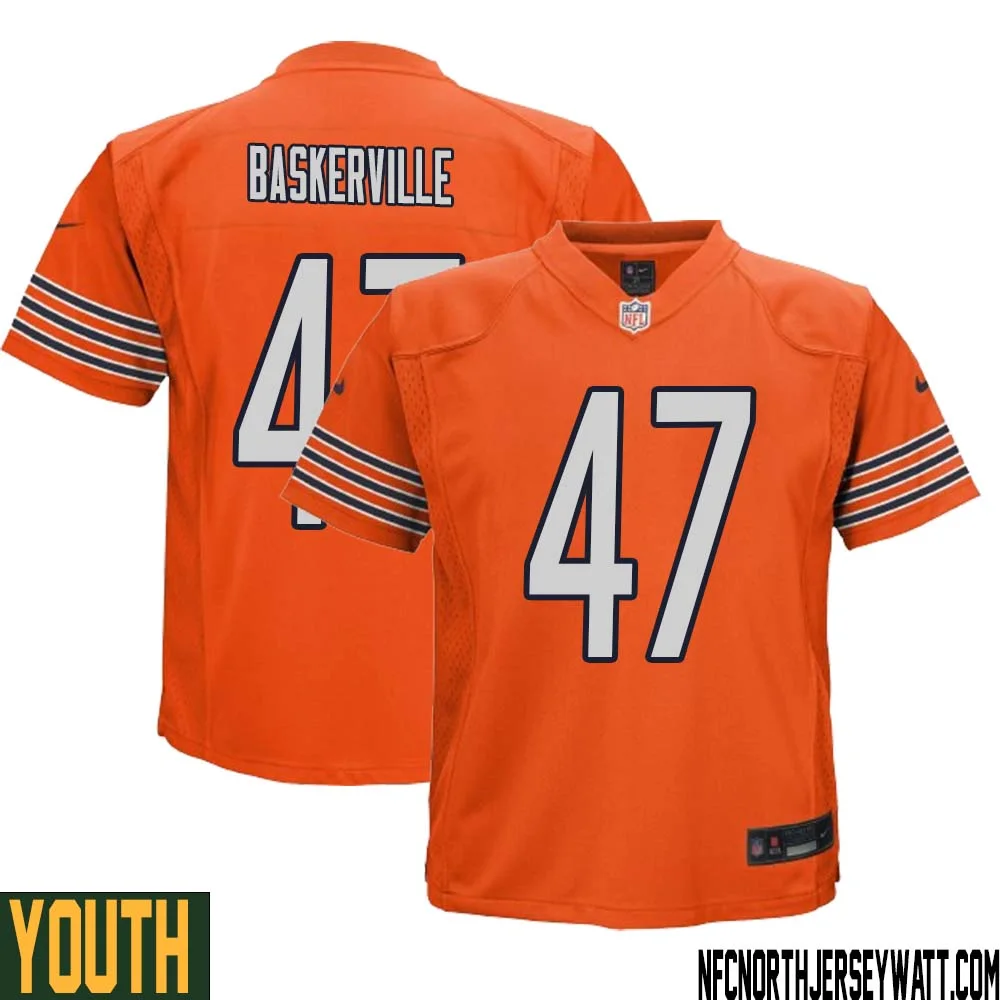 Micah Baskerville No 47 Youth Orange Chicago Bears Alternate Game Player Jersey