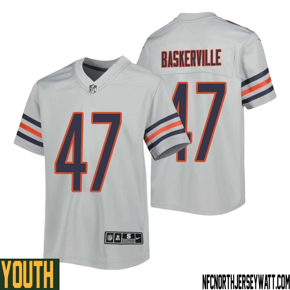 Micah Baskerville No 47 Youth Silver Chicago Bears Inverted Legend Jersey 1
