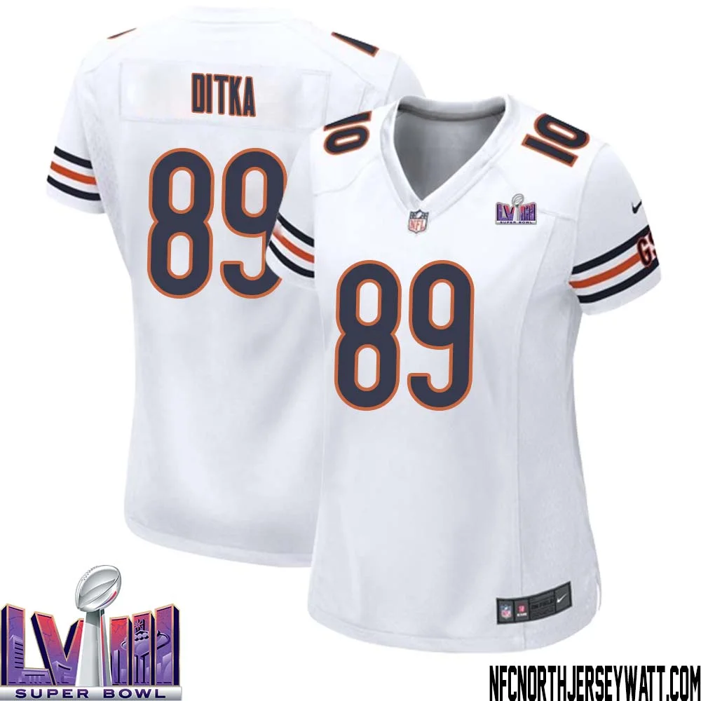 Mike Ditka No 89 Chicago Bears Super Bowl LVIII Away Game Jersey White for Women
