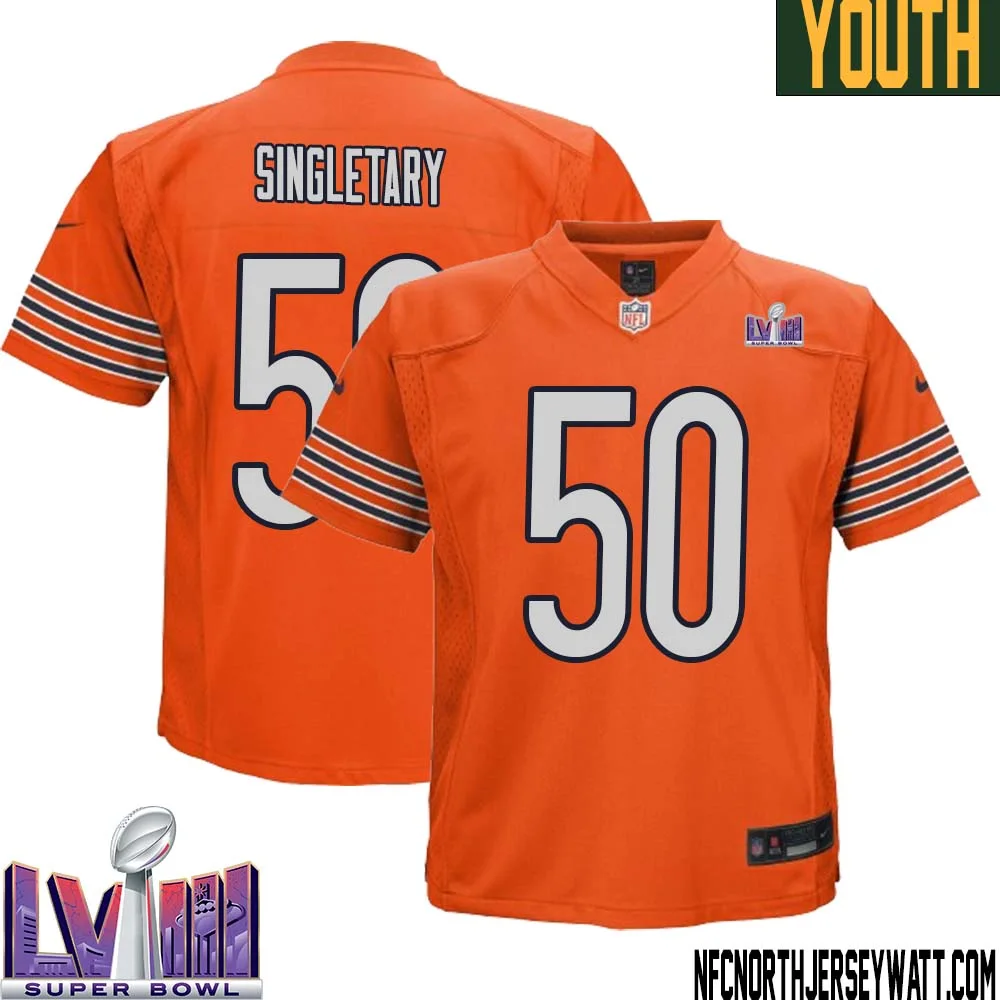 Mike Singletary No 50 Chicago Bears Super Bowl LVIII Alternate Game Jersey Orange for Youth