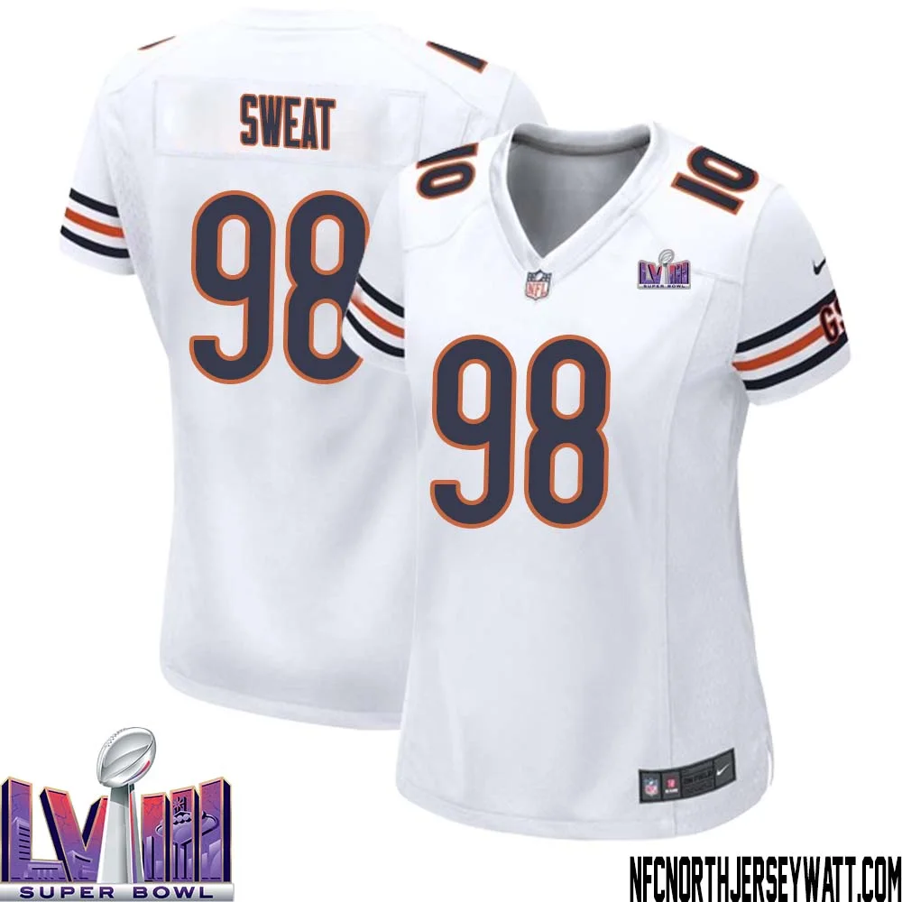 Montez Sweat No 98 Chicago Bears Super Bowl LVIII Away Game Jersey White for Women 1