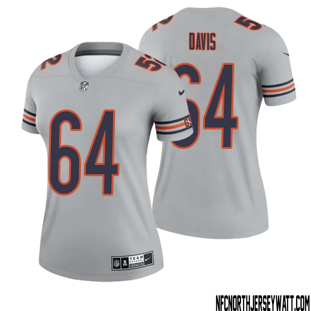 Nate Davis No 64 Women Silver Chicago Bears Inverted Legend Jersey