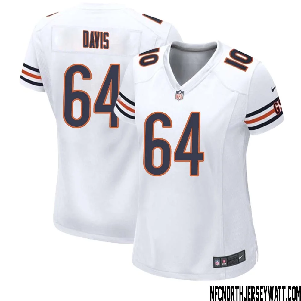 Nate Davis No 64 Women White Chicago Bears Away Game Jersey