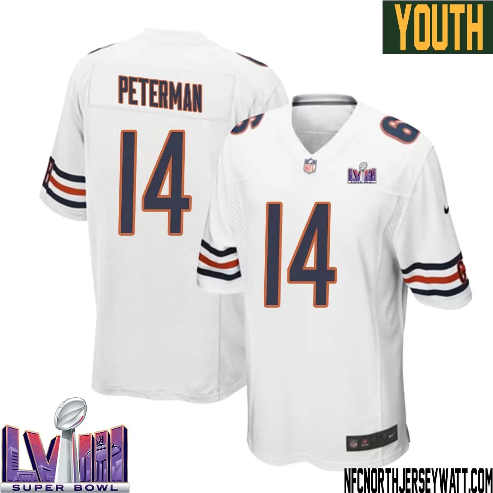 Nathan Peterman No 14 Chicago Bears Super Bowl LVIII Away Game Jersey White for Youth