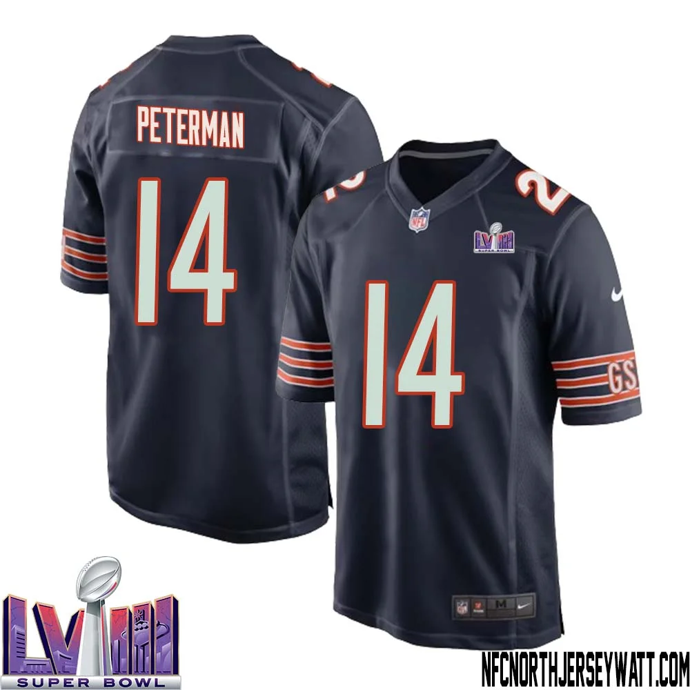 Nathan Peterman No 14 Chicago Bears Super Bowl LVIII Home Game Jersey Navy for Men 1