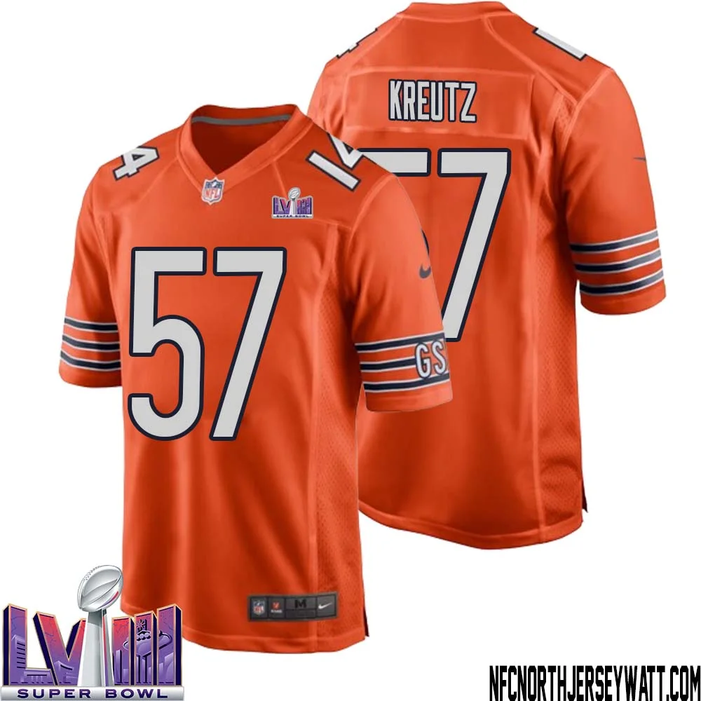 Olin Kreutz No 57 Chicago Bears Super Bowl LVIII Alternate Game Jersey Orange for Men