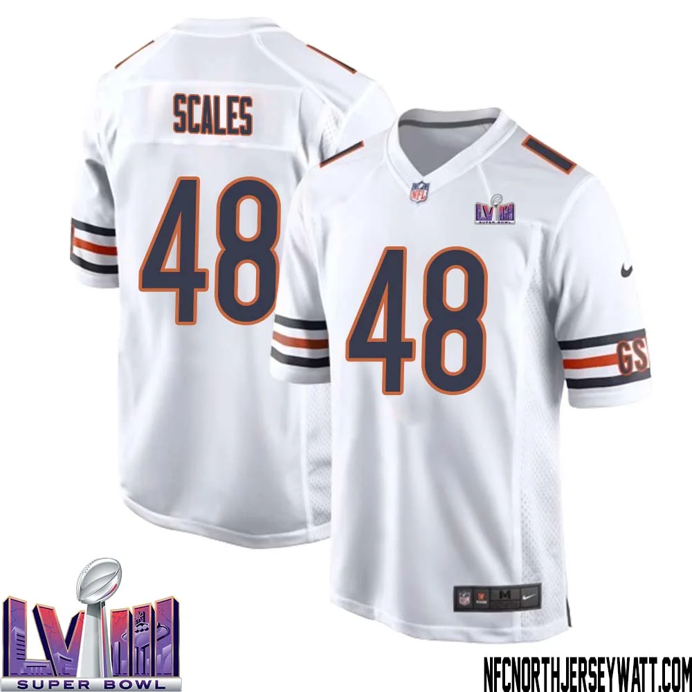 Patrick Scales No 48 Chicago Bears Super Bowl LVIII Away Game Jersey White for Men