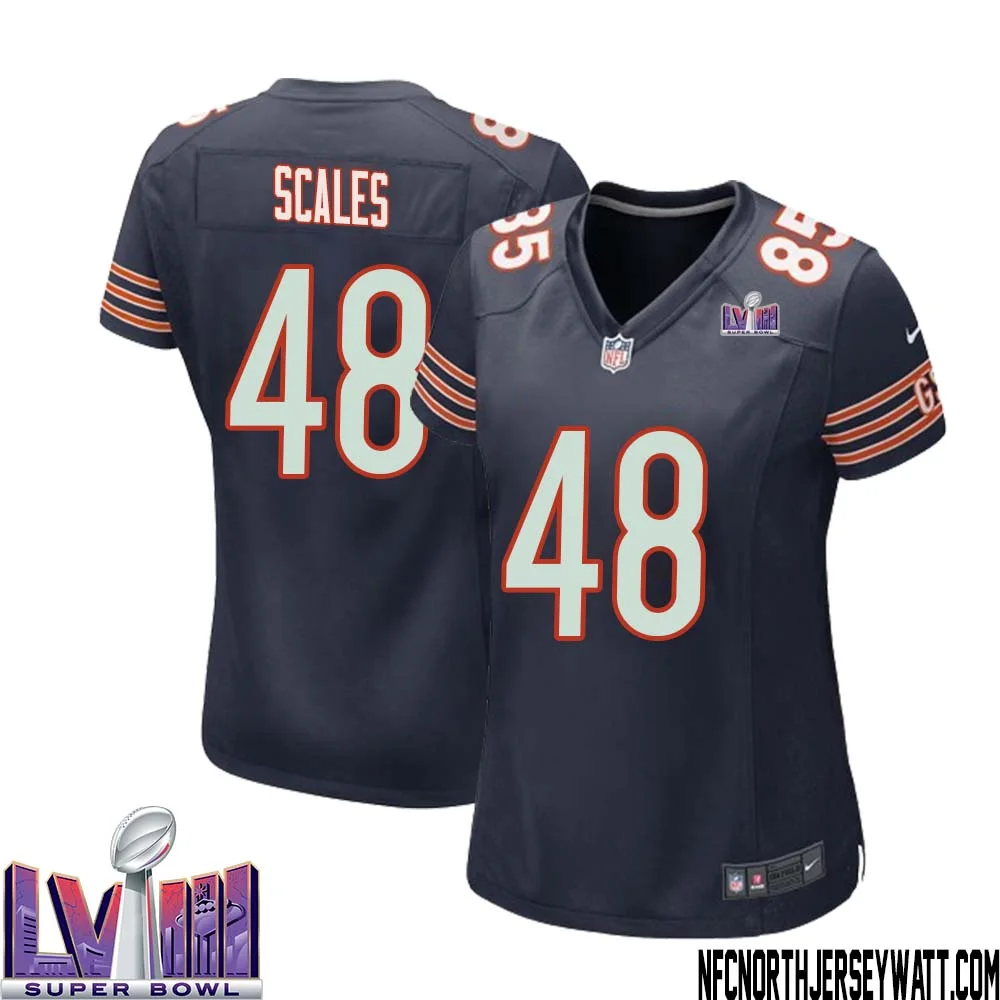 Patrick Scales No 48 Chicago Bears Super Bowl LVIII Home Game Jersey Navy for Women 1