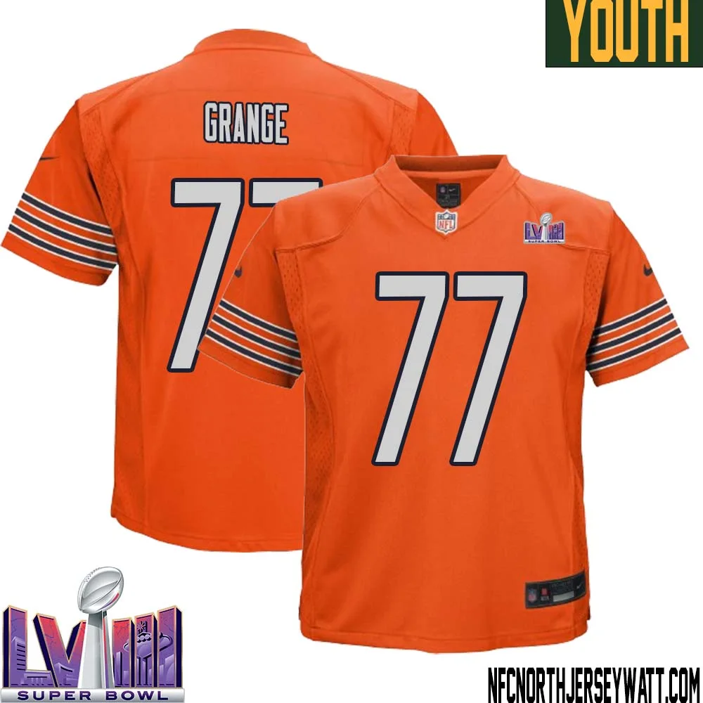 Red Grange No 77 Chicago Bears Super Bowl LVIII Alternate Game Jersey Orange for Youth
